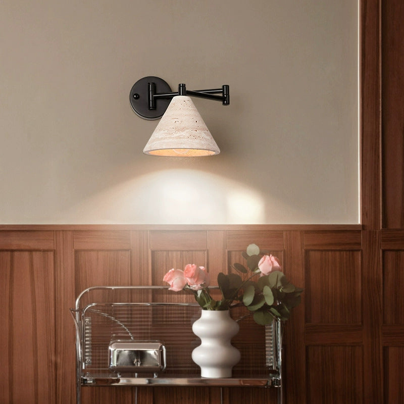 Contemporary Retro Yellow Travertine Walnut Wood Iron Cylinder &amp; Truncated Cone 1-Light Wall Sconce Lamp For Bedroom