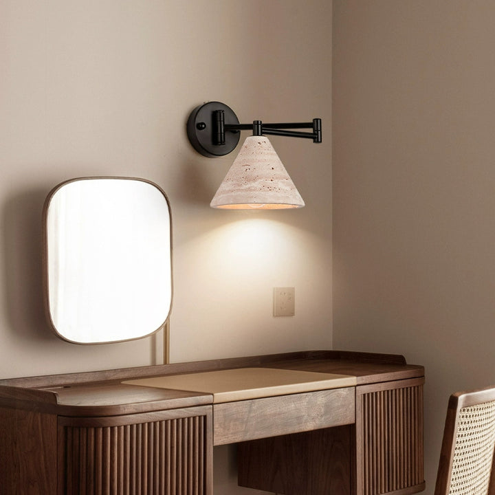 Contemporary Retro Yellow Travertine Walnut Wood Iron Cylinder &amp; Truncated Cone 1-Light Wall Sconce Lamp For Bedroom