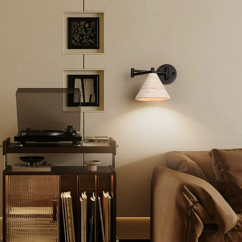 Contemporary Retro Yellow Travertine Walnut Wood Iron Cylinder &amp; Truncated Cone 1-Light Wall Sconce Lamp For Bedroom