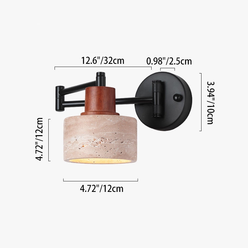 Contemporary Retro Yellow Travertine Walnut Wood Iron Cylinder &amp; Truncated Cone 1-Light Wall Sconce Lamp For Bedroom