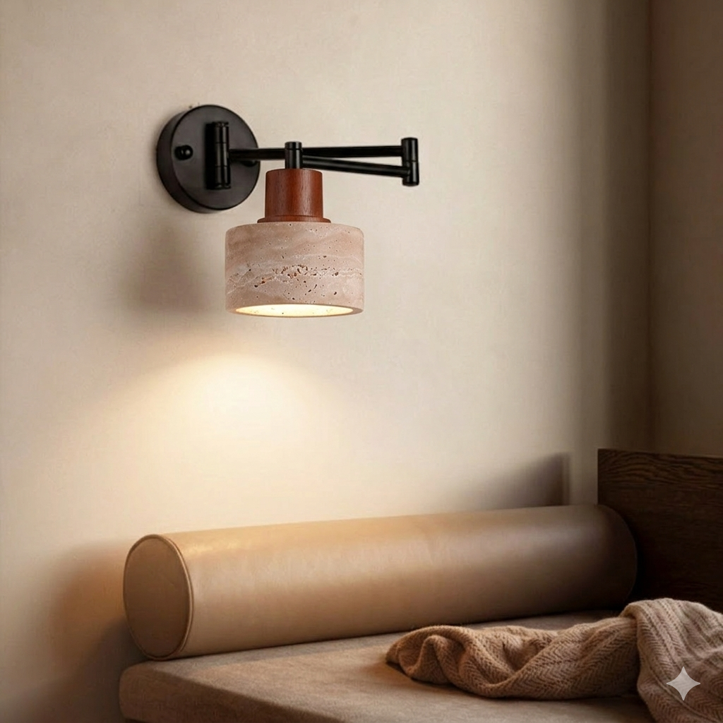 Contemporary Retro Yellow Travertine Walnut Wood Iron Cylinder &amp; Truncated Cone 1-Light Wall Sconce Lamp For Bedroom
