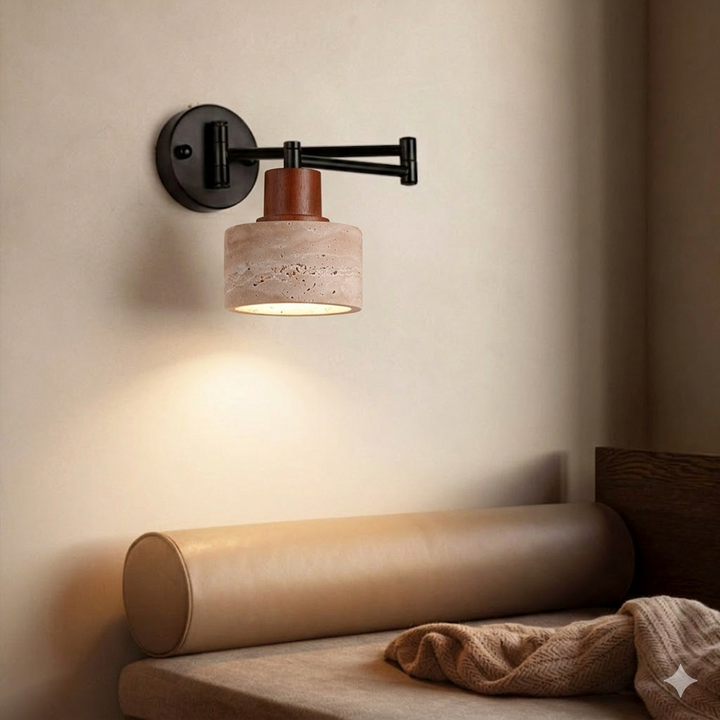Contemporary Retro Yellow Travertine Walnut Wood Iron Cylinder &amp; Truncated Cone 1-Light Wall Sconce Lamp For Bedroom