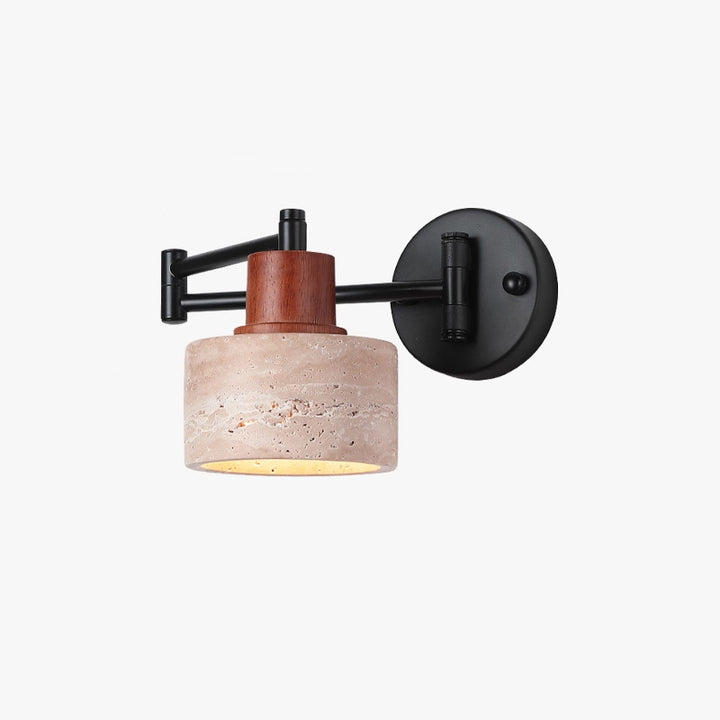 Contemporary Retro Yellow Travertine Walnut Wood Iron Cylinder &amp; Truncated Cone 1-Light Wall Sconce Lamp For Bedroom