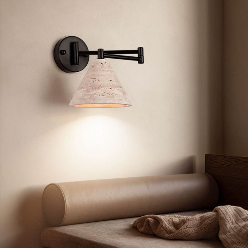Contemporary Retro Yellow Travertine Walnut Wood Iron Cylinder &amp; Truncated Cone 1-Light Wall Sconce Lamp For Bedroom