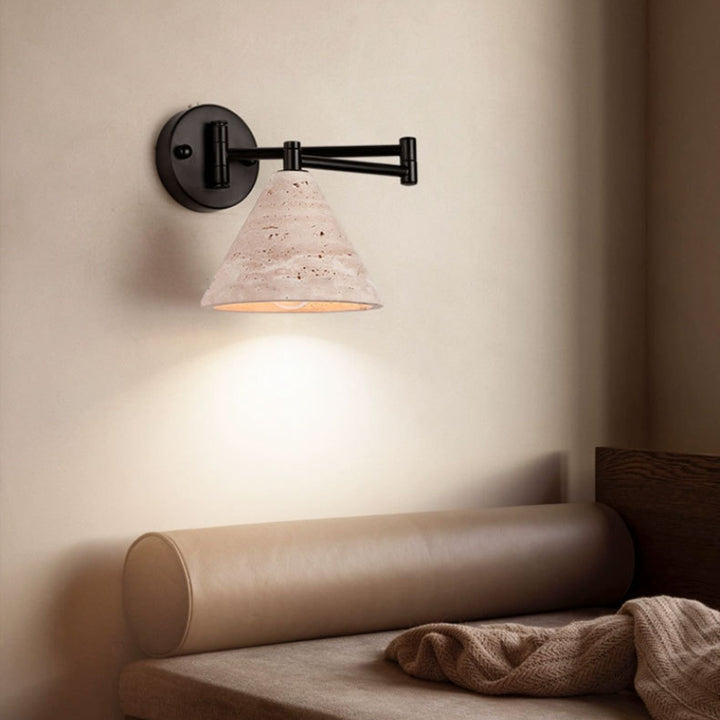Contemporary Retro Yellow Travertine Walnut Wood Iron Cylinder &amp; Truncated Cone 1-Light Wall Sconce Lamp For Bedroom