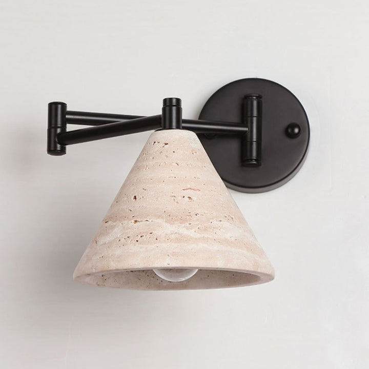 Contemporary Retro Yellow Travertine Walnut Wood Iron Cylinder &amp; Truncated Cone 1-Light Wall Sconce Lamp For Bedroom