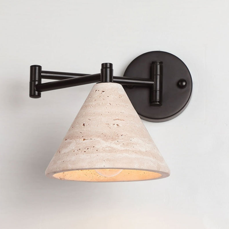 Contemporary Retro Yellow Travertine Walnut Wood Iron Cylinder &amp; Truncated Cone 1-Light Wall Sconce Lamp For Bedroom