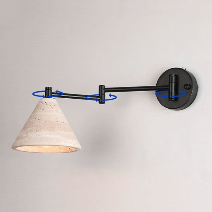 Contemporary Retro Yellow Travertine Walnut Wood Iron Cylinder &amp; Truncated Cone 1-Light Wall Sconce Lamp For Bedroom