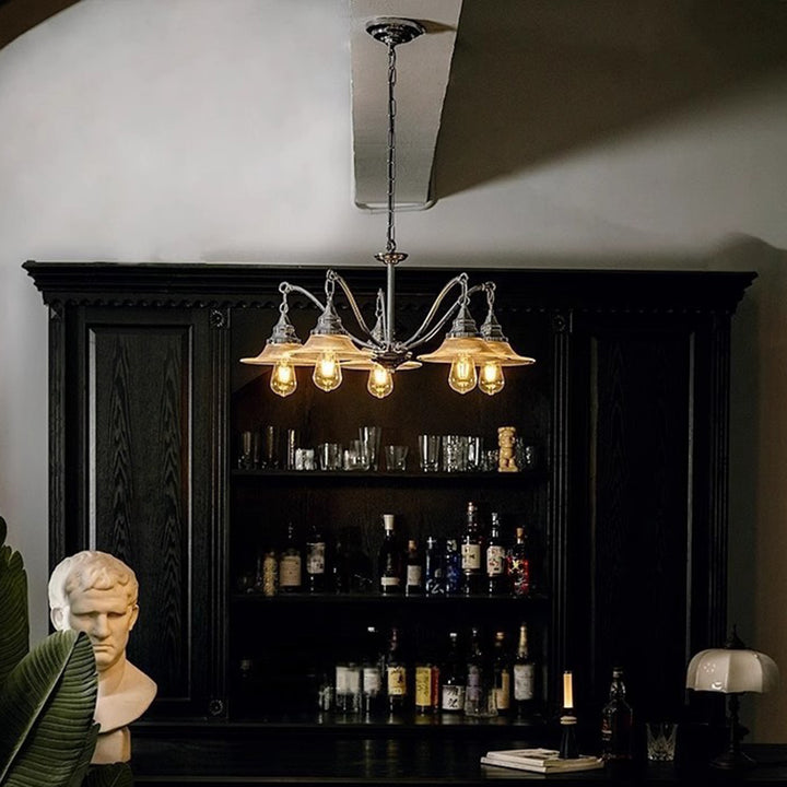Moderne industrielle 3-/5-flammige Kronleuchter aus Eisen und Glas in Untertassenform für das Wohnzimmer 