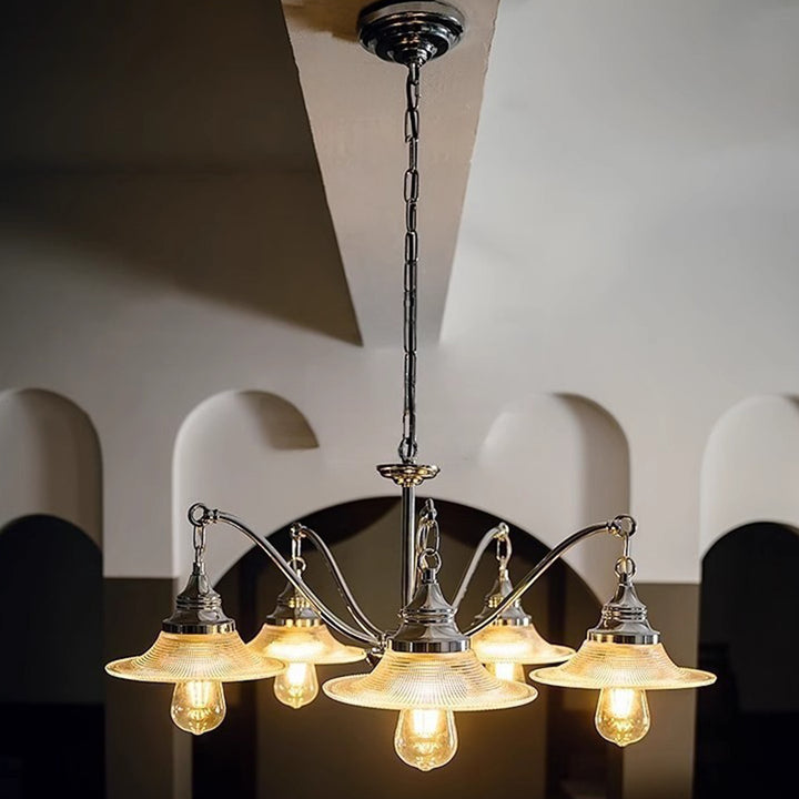 Moderne industrielle 3-/5-flammige Kronleuchter aus Eisen und Glas in Untertassenform für das Wohnzimmer 