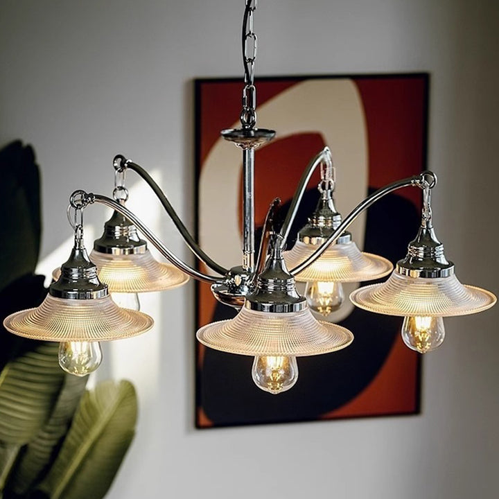 Moderne industrielle 3-/5-flammige Kronleuchter aus Eisen und Glas in Untertassenform für das Wohnzimmer 