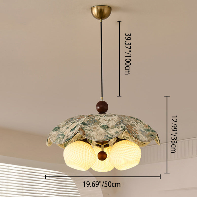 Traditional French Solid Wood Iron Fabric PLA Flower-Shaped 3-Light Pendant Light For Living Room