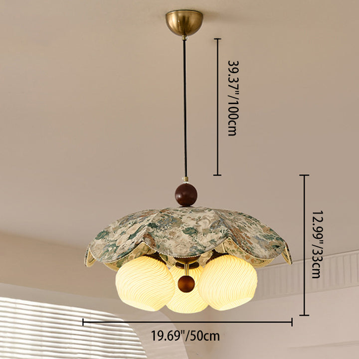 Traditional French Solid Wood Iron Fabric PLA Flower-Shaped 3-Light Pendant Light For Living Room