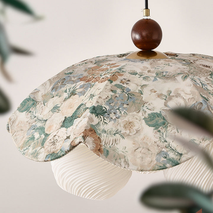 Traditional French Solid Wood Iron Fabric PLA Flower-Shaped 3-Light Pendant Light For Living Room