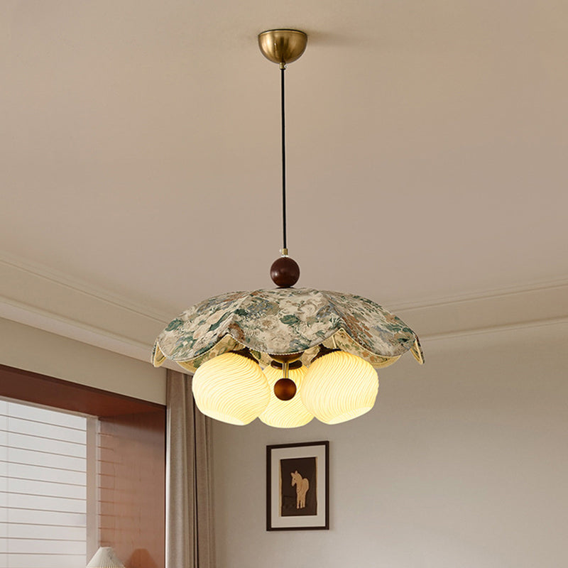 Traditional French Solid Wood Iron Fabric PLA Flower-Shaped 3-Light Pendant Light For Living Room