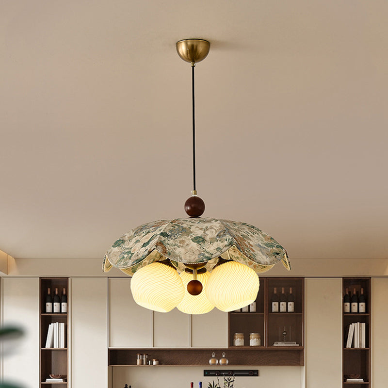Traditional French Solid Wood Iron Fabric PLA Flower-Shaped 3-Light Pendant Light For Living Room