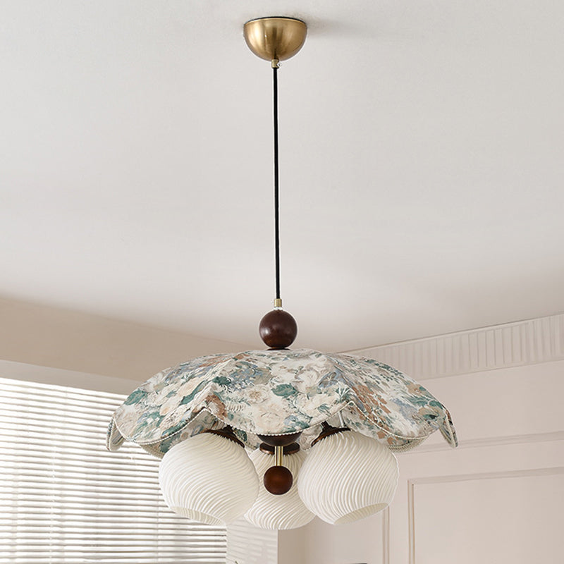 Traditional French Solid Wood Iron Fabric PLA Flower-Shaped 3-Light Pendant Light For Living Room