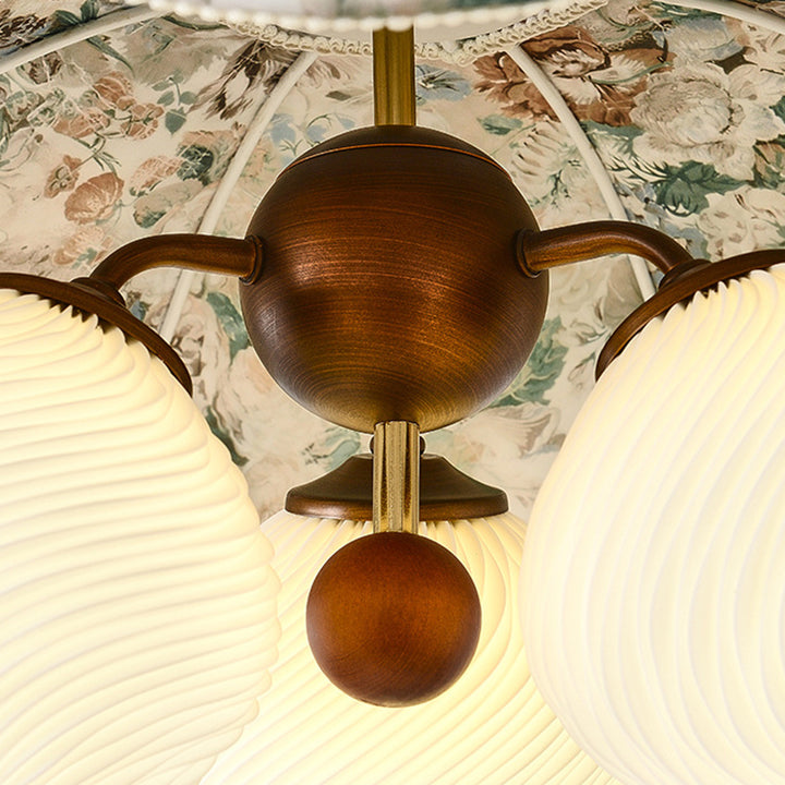 Traditional French Solid Wood Iron Fabric PLA Flower-Shaped 3-Light Pendant Light For Living Room