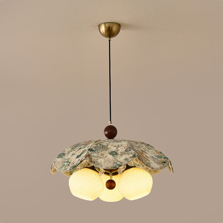 Traditional French Solid Wood Iron Fabric PLA Flower-Shaped 3-Light Pendant Light For Living Room