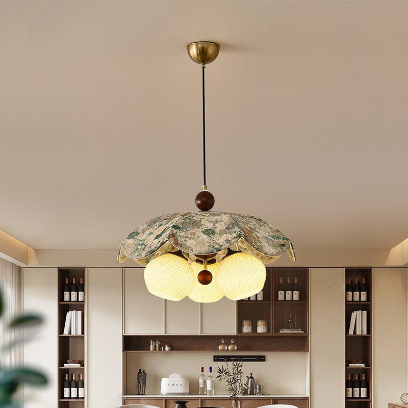 Traditional French Solid Wood Iron Fabric PLA Flower-Shaped 3-Light Pendant Light For Living Room