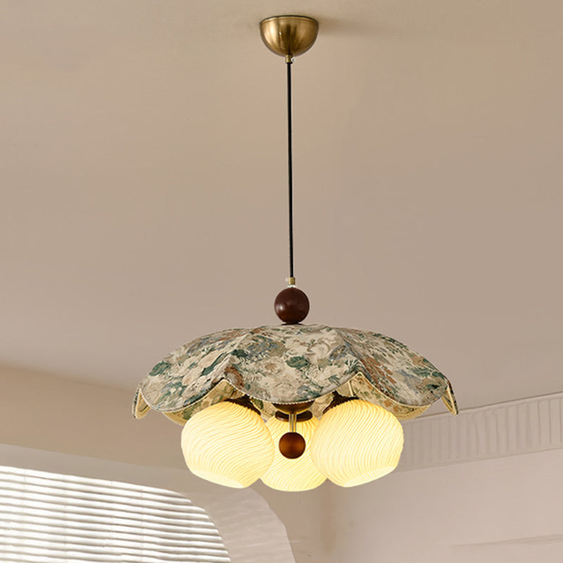 Traditional French Solid Wood Iron Fabric PLA Flower-Shaped 3-Light Pendant Light For Living Room