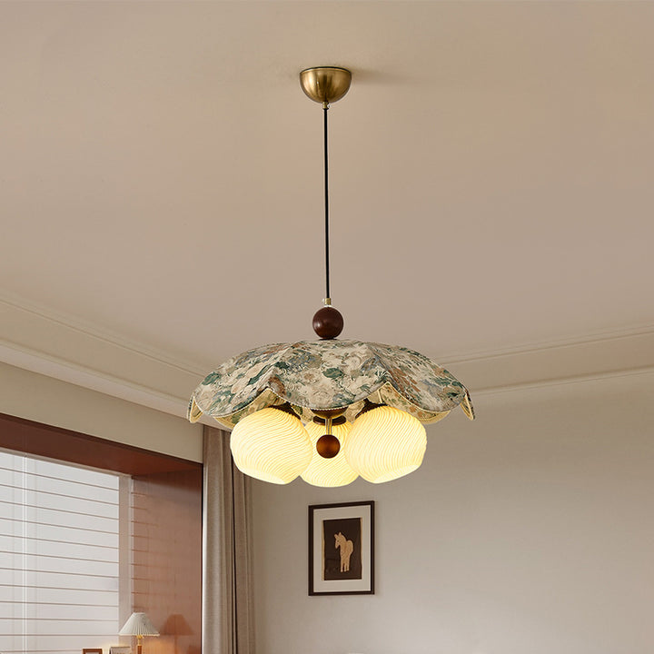 Traditional French Solid Wood Iron Fabric PLA Flower-Shaped 3-Light Pendant Light For Living Room