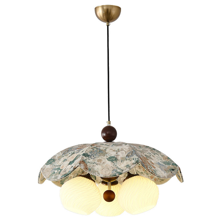 Traditional French Solid Wood Iron Fabric PLA Flower-Shaped 3-Light Pendant Light For Living Room