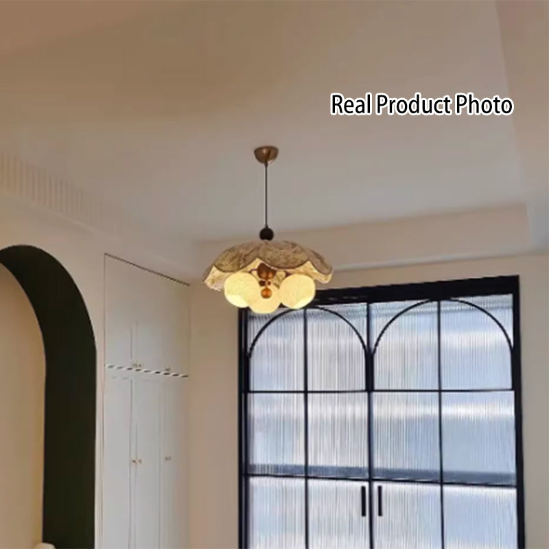 Traditional French Solid Wood Iron Fabric PLA Flower-Shaped 3-Light Pendant Light For Living Room