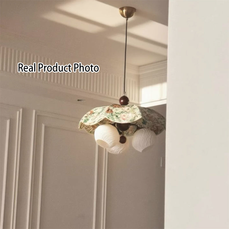 Traditional French Solid Wood Iron Fabric PLA Flower-Shaped 3-Light Pendant Light For Living Room