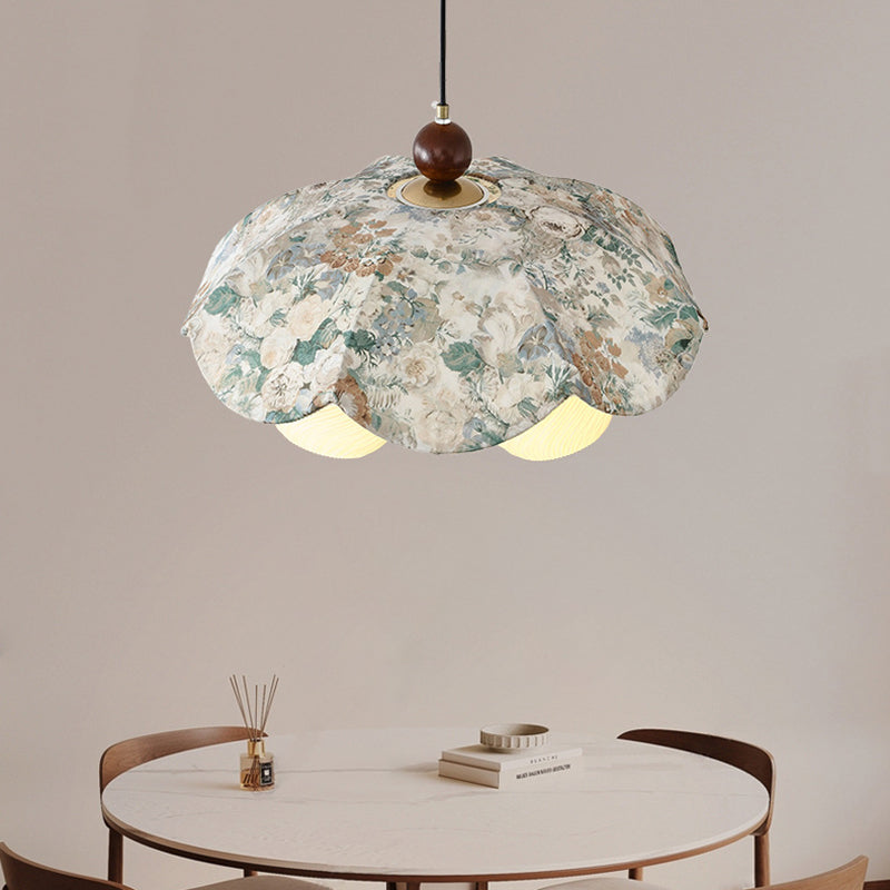 Traditional French Solid Wood Iron Fabric PLA Flower-Shaped 3-Light Pendant Light For Living Room