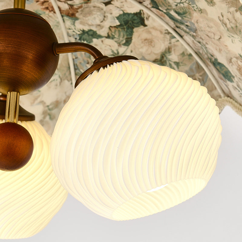 Traditional French Solid Wood Iron Fabric PLA Flower-Shaped 3-Light Pendant Light For Living Room