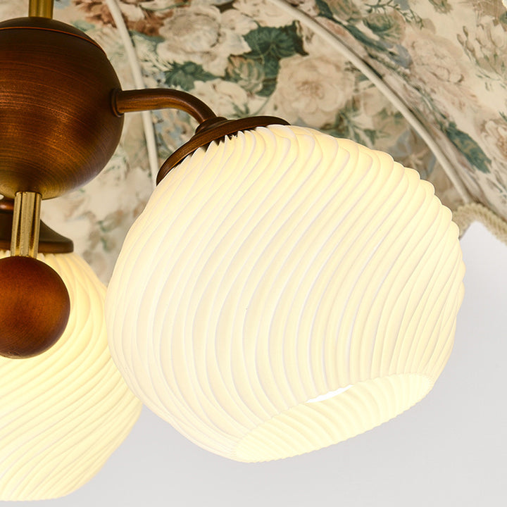 Traditional French Solid Wood Iron Fabric PLA Flower-Shaped 3-Light Pendant Light For Living Room