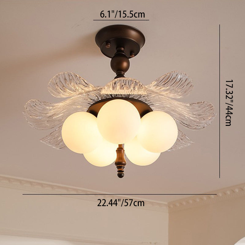 Zeitgenössische halbflache 5-flammige Deckenleuchte im Retro-Stil aus Eisen, Acryl und Glas in Knospenform für das Wohnzimmer 