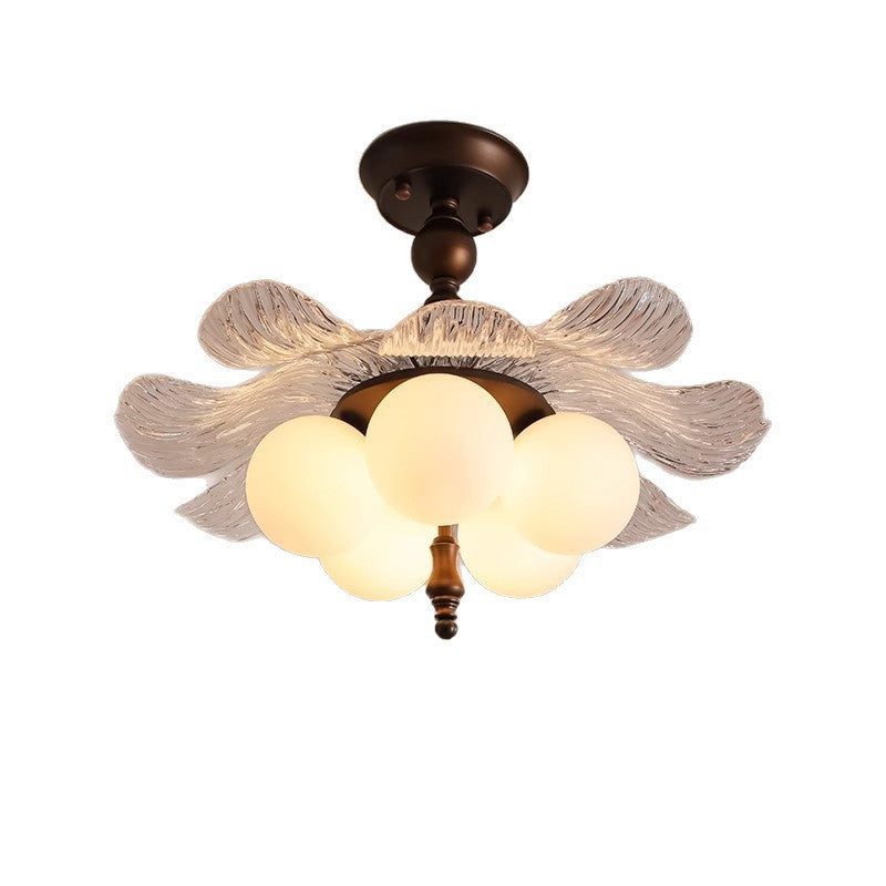 Zeitgenössische halbflache 5-flammige Deckenleuchte im Retro-Stil aus Eisen, Acryl und Glas in Knospenform für das Wohnzimmer 