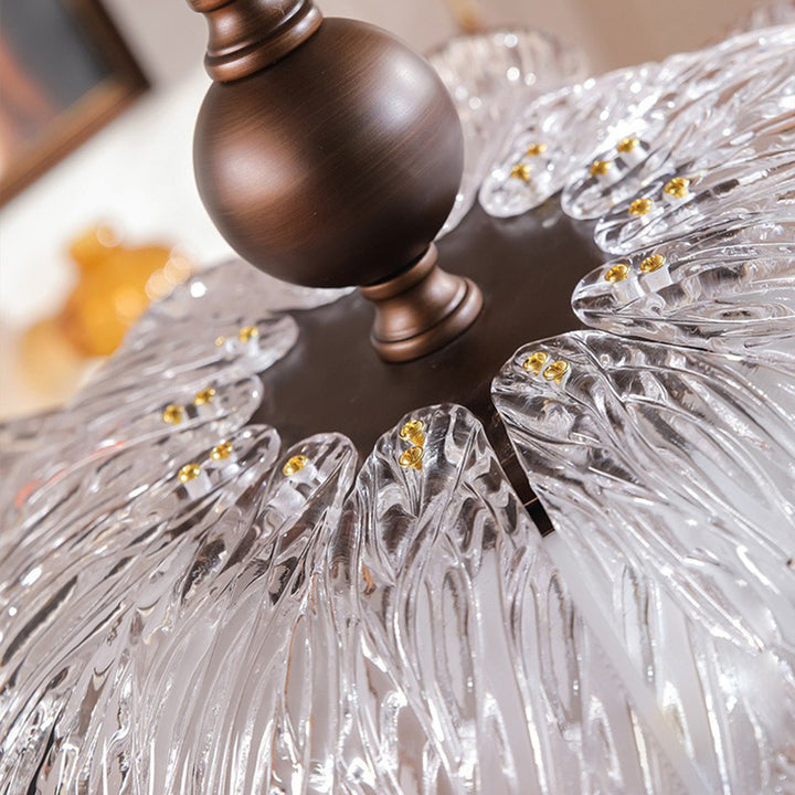 Zeitgenössische halbflache 5-flammige Deckenleuchte im Retro-Stil aus Eisen, Acryl und Glas in Knospenform für das Wohnzimmer 