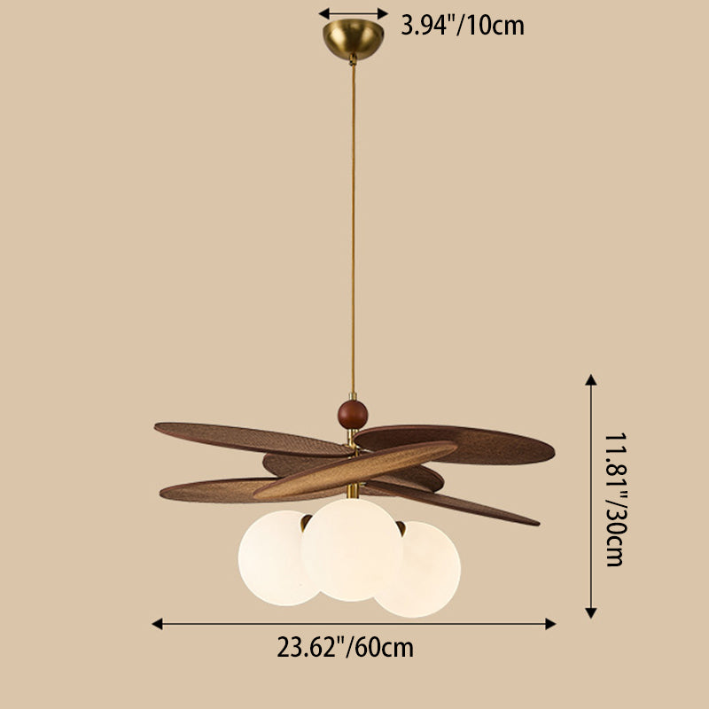 Traditional French Ash Wood Iron Glass Rattan Weaving Bud-Shaped 3-Light Pendant Light For Living Room &amp; Dining Room