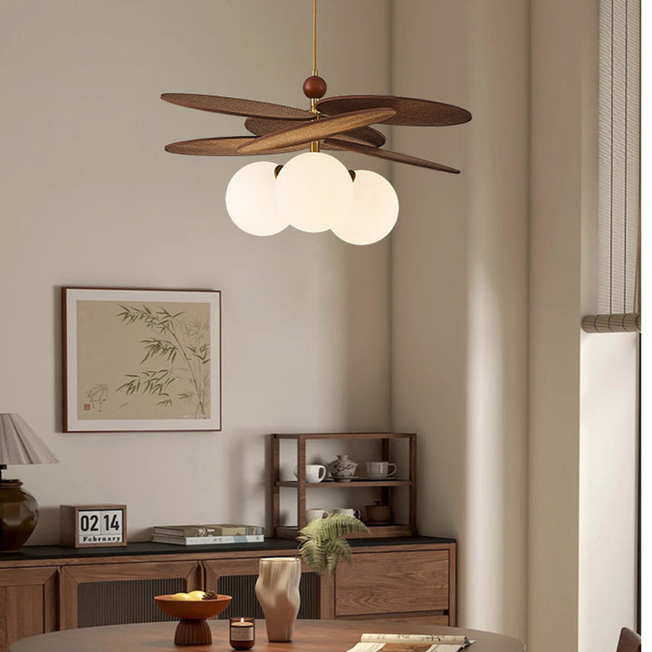 Traditional French Ash Wood Iron Glass Rattan Weaving Bud-Shaped 3-Light Pendant Light For Living Room & Dining Room