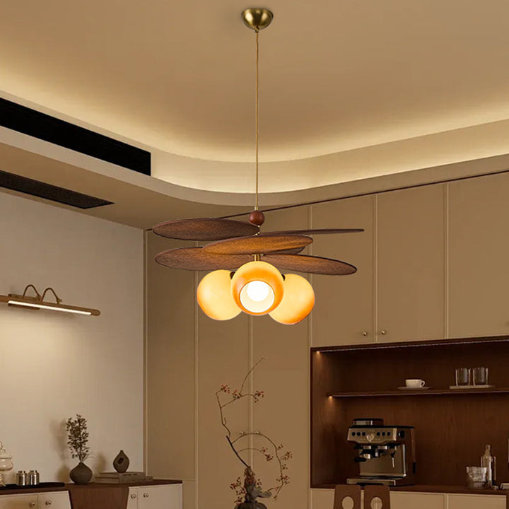 Traditional French Ash Wood Iron Glass Rattan Weaving Bud-Shaped 3-Light Pendant Light For Living Room & Dining Room