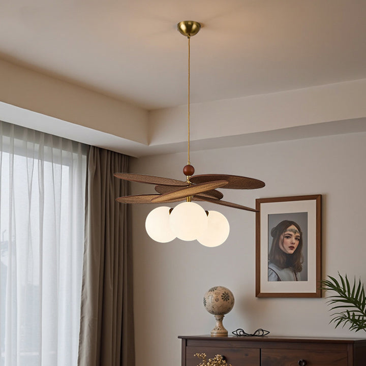 Traditional French Ash Wood Iron Glass Rattan Weaving Bud-Shaped 3-Light Pendant Light For Living Room & Dining Room