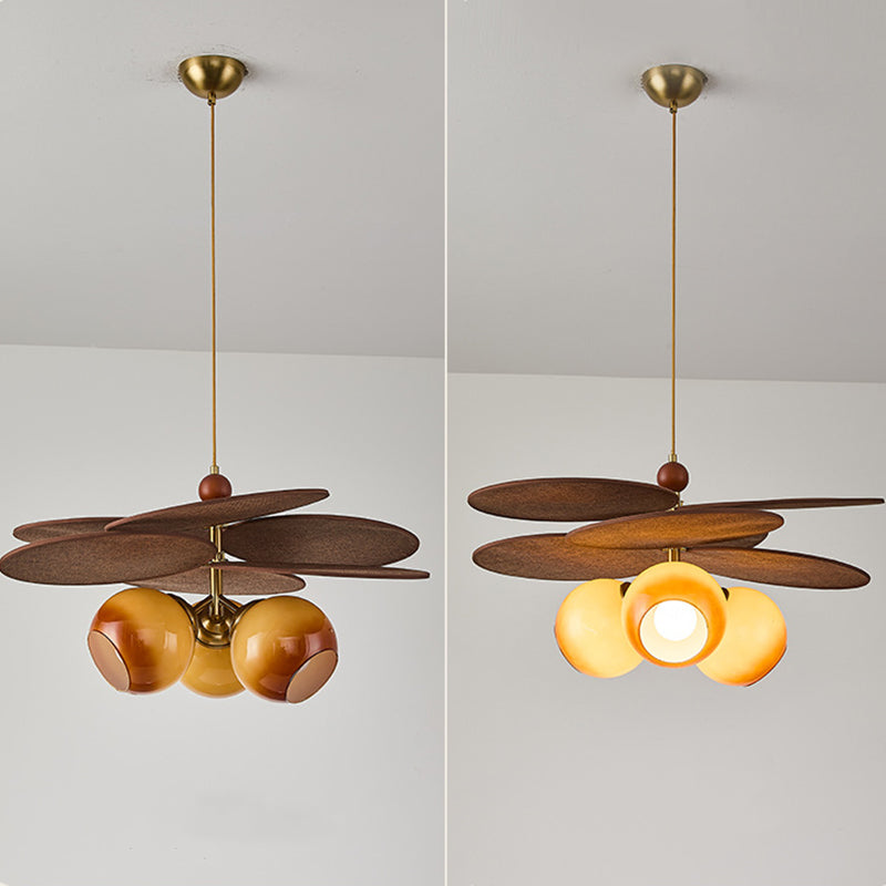 Traditional French Ash Wood Iron Glass Rattan Weaving Bud-Shaped 3-Light Pendant Light For Living Room &amp; Dining Room