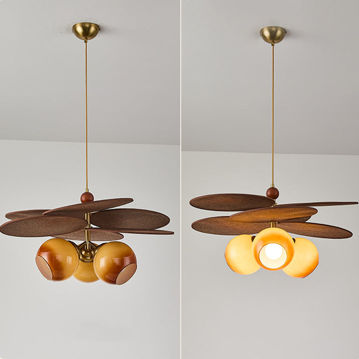 Traditional French Ash Wood Iron Glass Rattan Weaving Bud-Shaped 3-Light Pendant Light For Living Room &amp; Dining Room