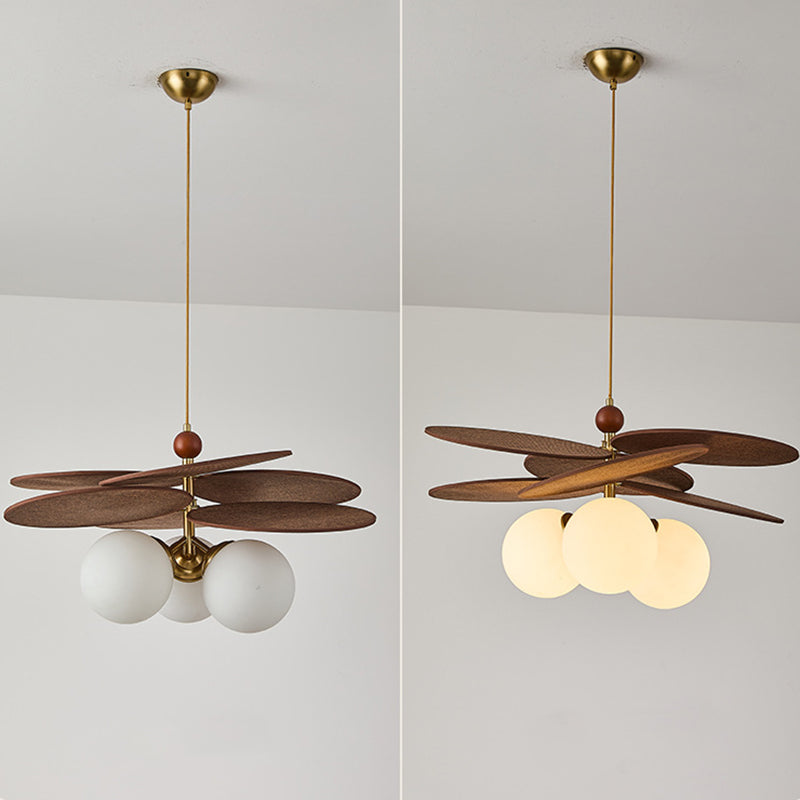 Traditional French Ash Wood Iron Glass Rattan Weaving Bud-Shaped 3-Light Pendant Light For Living Room &amp; Dining Room