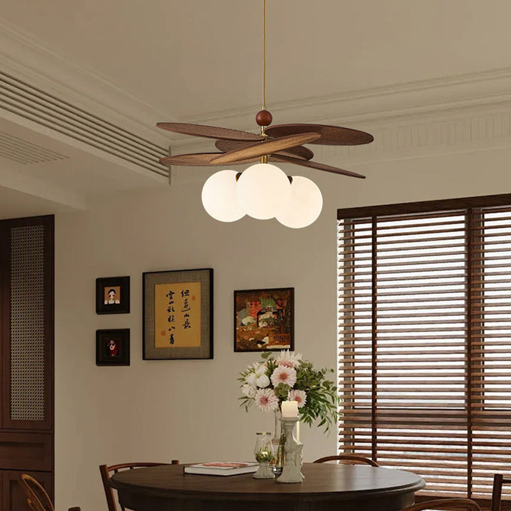 Traditional French Ash Wood Iron Glass Rattan Weaving Bud-Shaped 3-Light Pendant Light For Living Room &amp; Dining Room