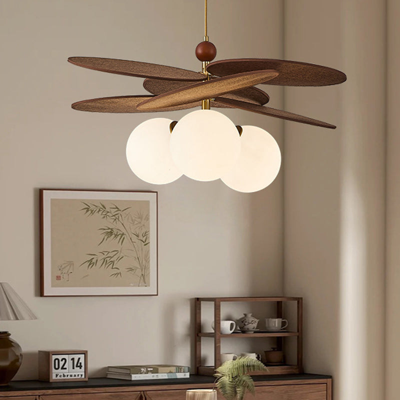 Traditional French Ash Wood Iron Glass Rattan Weaving Bud-Shaped 3-Light Pendant Light For Living Room &amp; Dining Room
