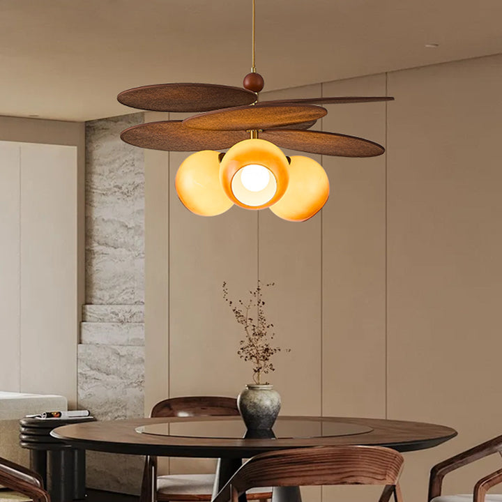 Traditional French Ash Wood Iron Glass Rattan Weaving Bud-Shaped 3-Light Pendant Light For Living Room &amp; Dining Room
