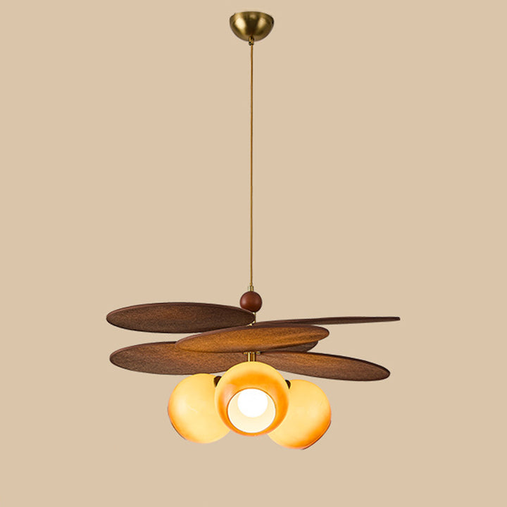 Traditional French Ash Wood Iron Glass Rattan Weaving Bud-Shaped 3-Light Pendant Light For Living Room &amp; Dining Room
