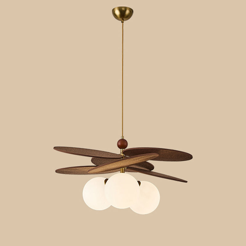 Traditional French Ash Wood Iron Glass Rattan Weaving Bud-Shaped 3-Light Pendant Light For Living Room &amp; Dining Room