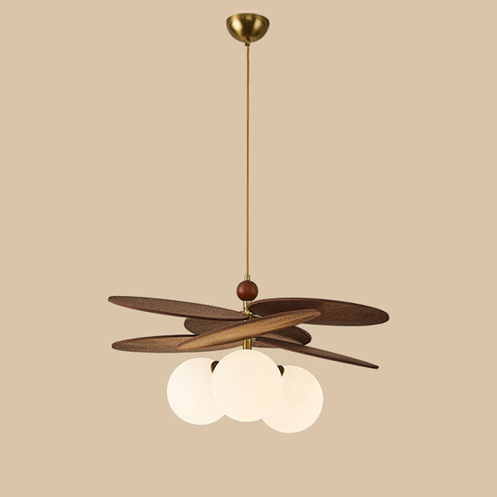 Traditional French Ash Wood Iron Glass Rattan Weaving Bud-Shaped 3-Light Pendant Light For Living Room &amp; Dining Room