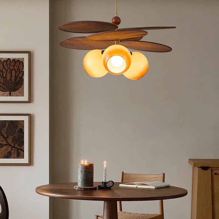Traditional French Ash Wood Iron Glass Rattan Weaving Bud-Shaped 3-Light Pendant Light For Living Room &amp; Dining Room