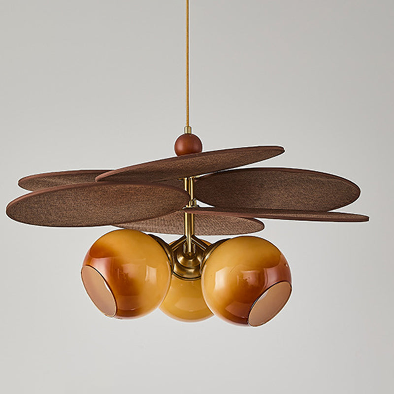 Traditional French Ash Wood Iron Glass Rattan Weaving Bud-Shaped 3-Light Pendant Light For Living Room &amp; Dining Room